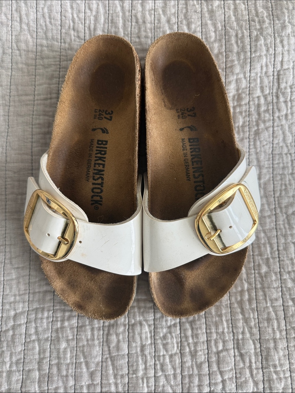 Birkenstock Madrid Big Buckle White Sandals with Gold Buckles size 37